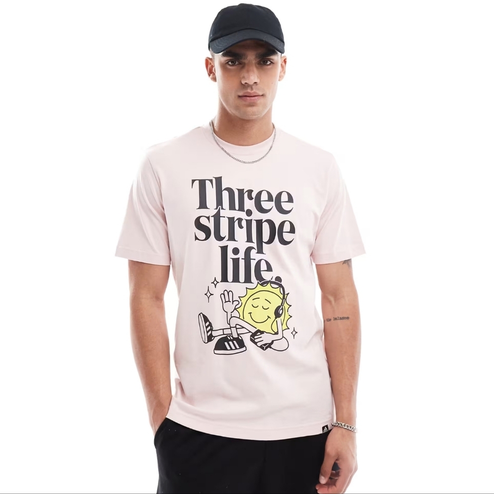 Adidas Three Stripe Life Positivity Graphic Tee Pink Medium